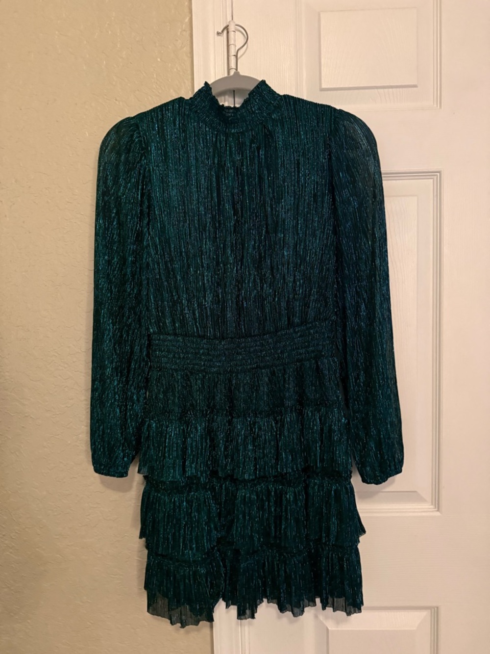 STATE Teal Metallic Long-Sleeve Ruffled Tiered Dress